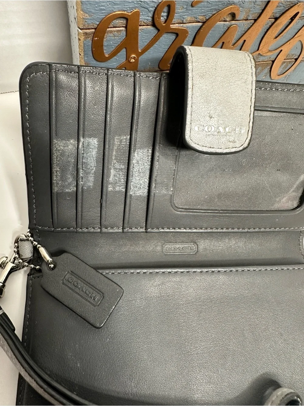 Coach Silver Pebbled Leather Wristlet Case with Strap